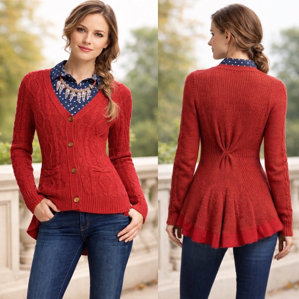 Anthropologie Far Away From Close Burnt Orange Red Cardigan Sweater Sz S